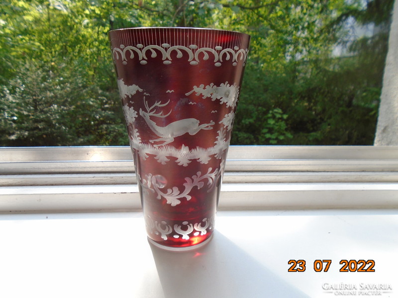 Antique ruby stained polished, etched thick-walled glass vase with leaping deer pattern