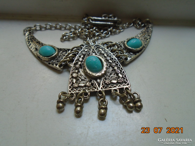 Silver-plated filigree embossed with small flowers, turquoise stones, handmade tribal necklaces