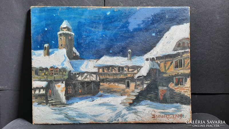 Seibert: cottages in the snowfall, 1929 (oil, wood, 21x29) Christmas atmosphere, winter street scene, winter landscape