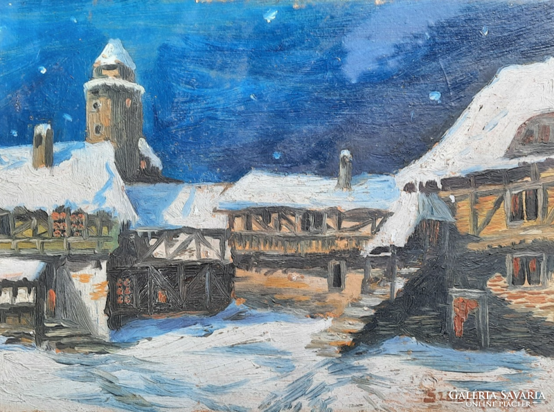 Seibert: cottages in the snowfall, 1929 (oil, wood, 21x29) Christmas atmosphere, winter street scene, winter landscape