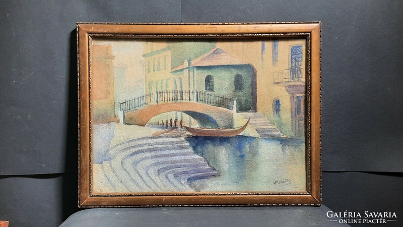 Pataky László: Velencei látkép gondolával (akvarell) utcakép, Olaszország