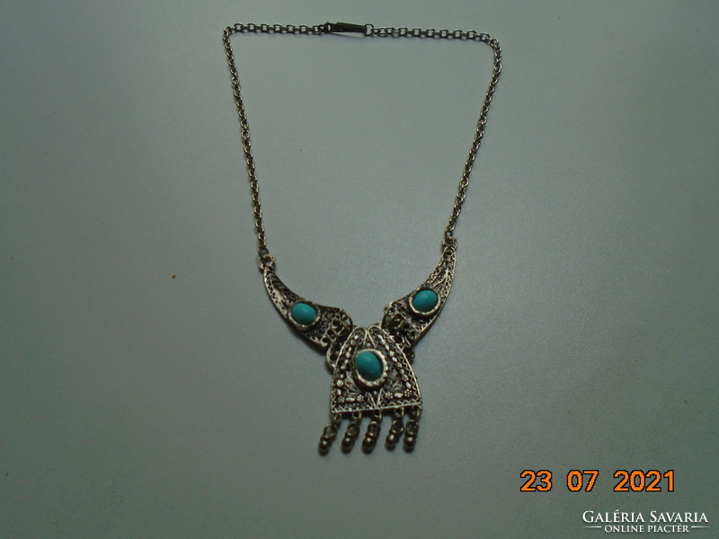 Silver-plated filigree embossed with small flowers, turquoise stones, handmade tribal necklaces