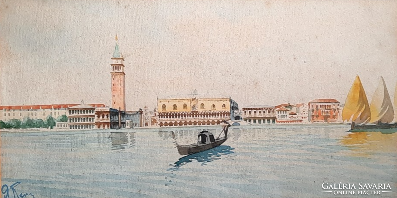 Dózse-palota, Velence (antik akvarell, azonosítatlan jelzés, 15x29 cm) városkép, Olaszország