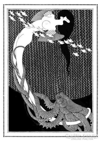 Szecessziós női akt polippal és halak Klinger 1908 reprint nyomat, tengeri lény geometrikus minta