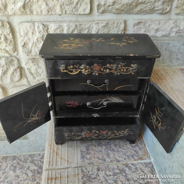Antique oriental cabinet jewelry box secretary type hand painted lacquer box