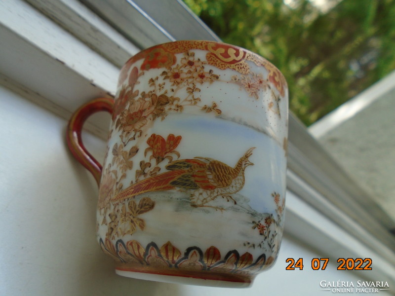 Antique Kutan gold brocade hand-painted coffee cup with a pair of peacocks, flowers and insects