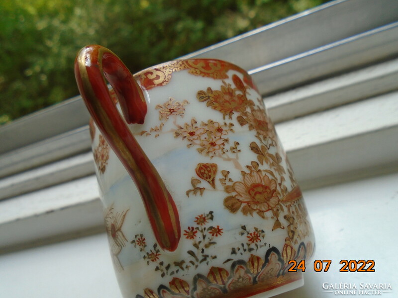 Antique Kutan gold brocade hand-painted coffee cup with a pair of peacocks, flowers and insects