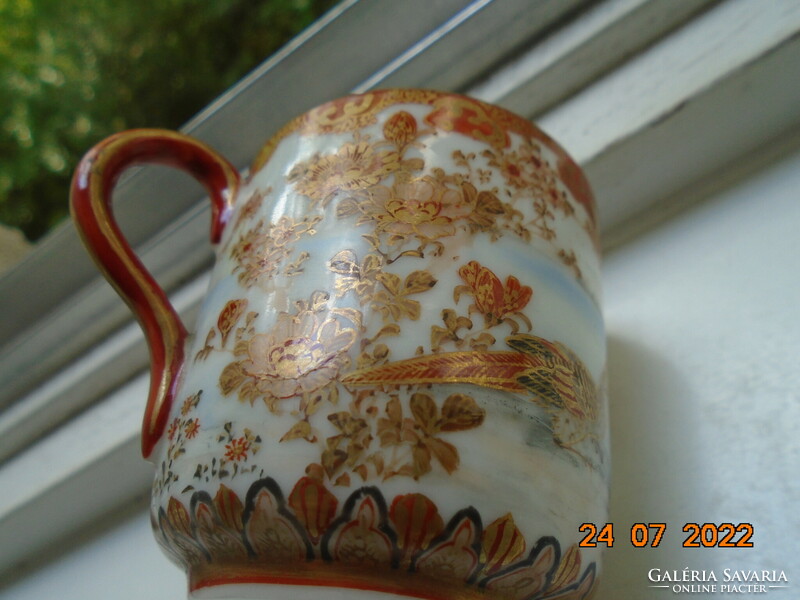 Antique Kutan gold brocade hand-painted coffee cup with a pair of peacocks, flowers and insects