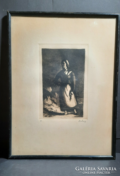 Gyula Rudnay: shepherd girl (etching) portrait, peasant figure, village life
