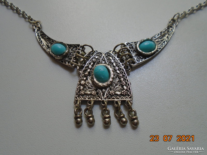 Silver-plated filigree embossed with small flowers, turquoise stones, handmade tribal necklaces