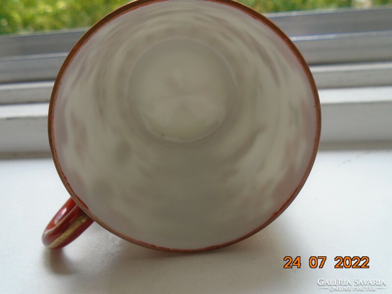 Antique Kutan gold brocade hand-painted coffee cup with a pair of peacocks, flowers and insects