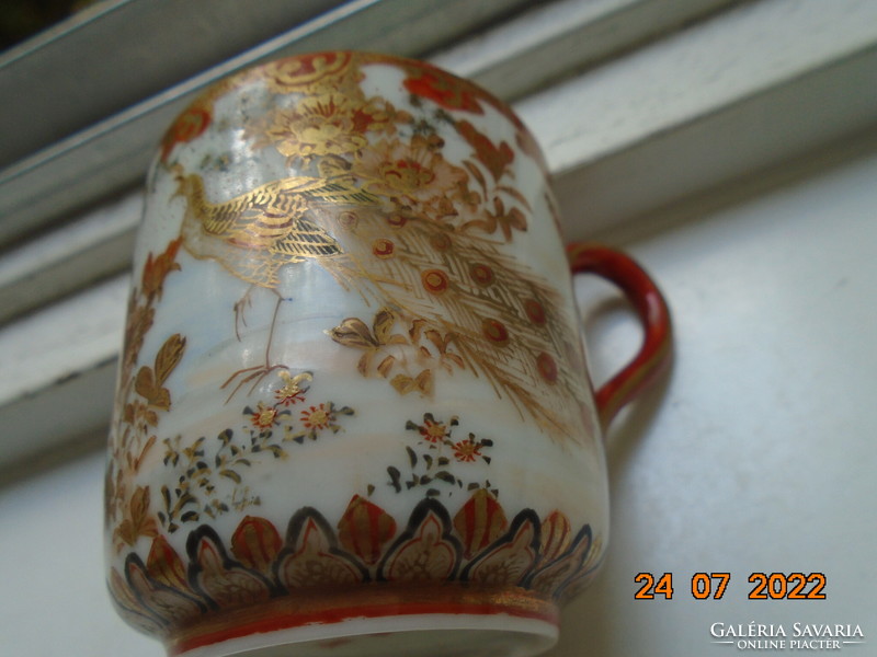 Antique Kutan gold brocade hand-painted coffee cup with a pair of peacocks, flowers and insects