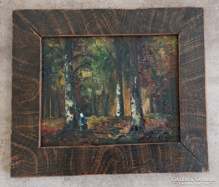 (k) Szép erdőbelső festmény, apró alakkal 34x30cm kerettel.