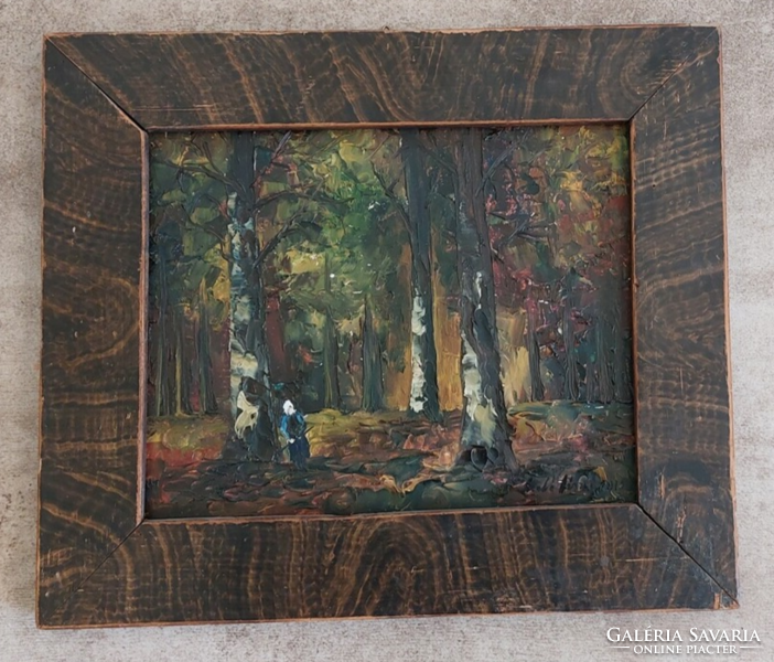 (K) beautiful painting of a forest interior, with a small figure in a 34x30cm frame.