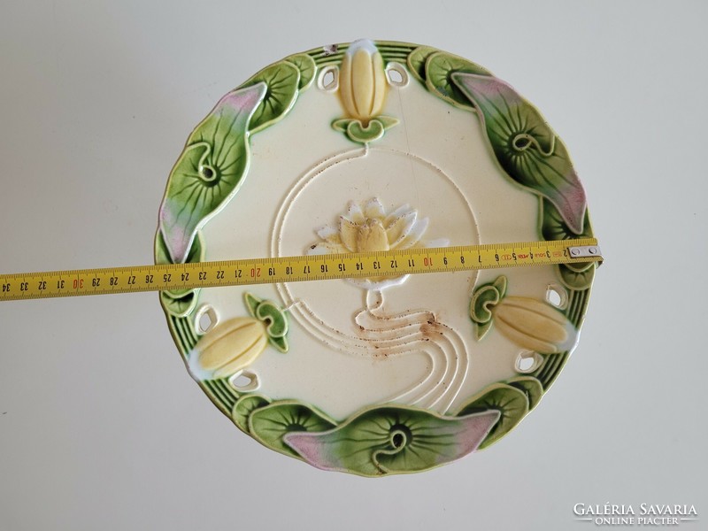 Old Körmöcbánya majolica pedestal bowl Art Nouveau water lily openwork earthenware cake