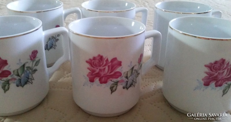 Old Chinese porcelain rose pattern / floral mug set (6 pieces)