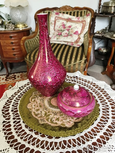 Hollóháza, retro, luster vase and also a retro luster bonbonnier next to it, perfect display case condition