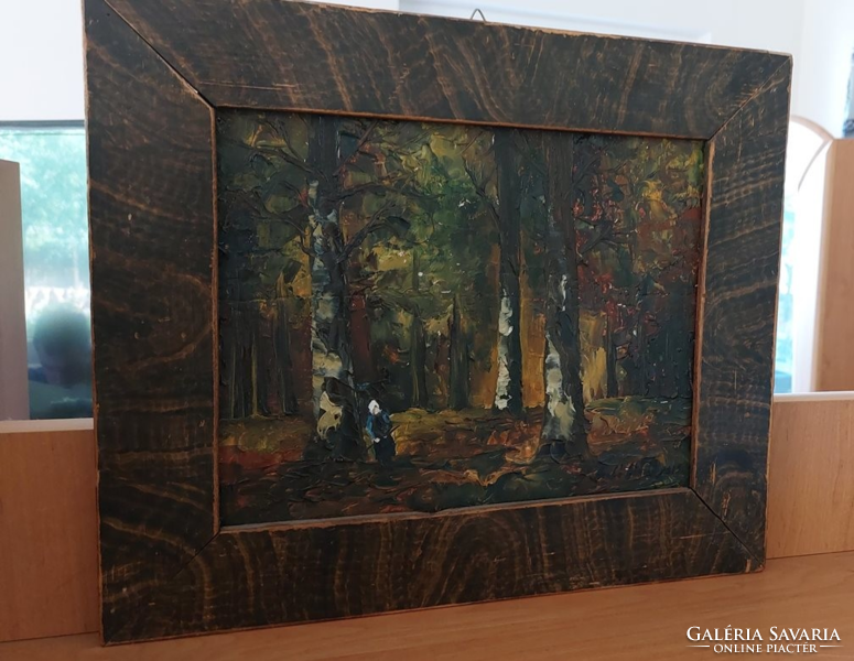 (K) beautiful painting of a forest interior, with a small figure in a 34x30cm frame.