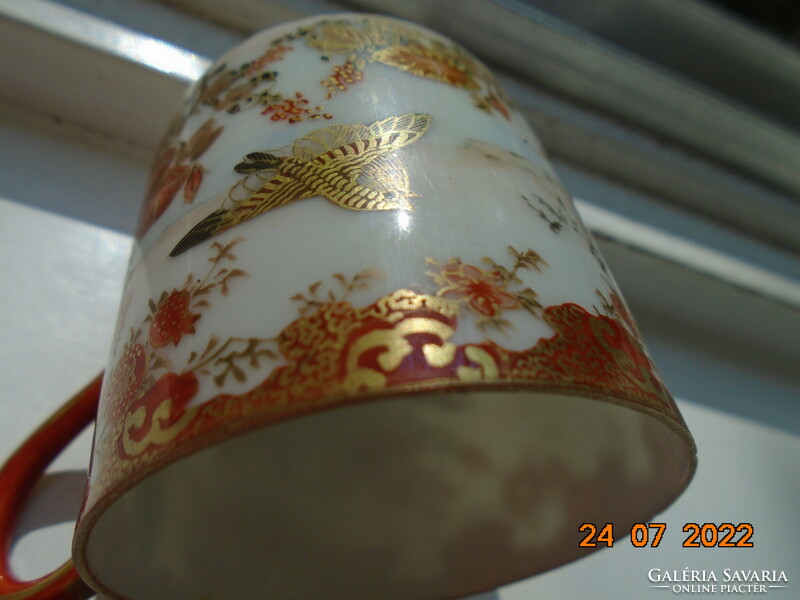 Antique Kutan gold brocade coffee cup with hand-painted bird and flower pattern
