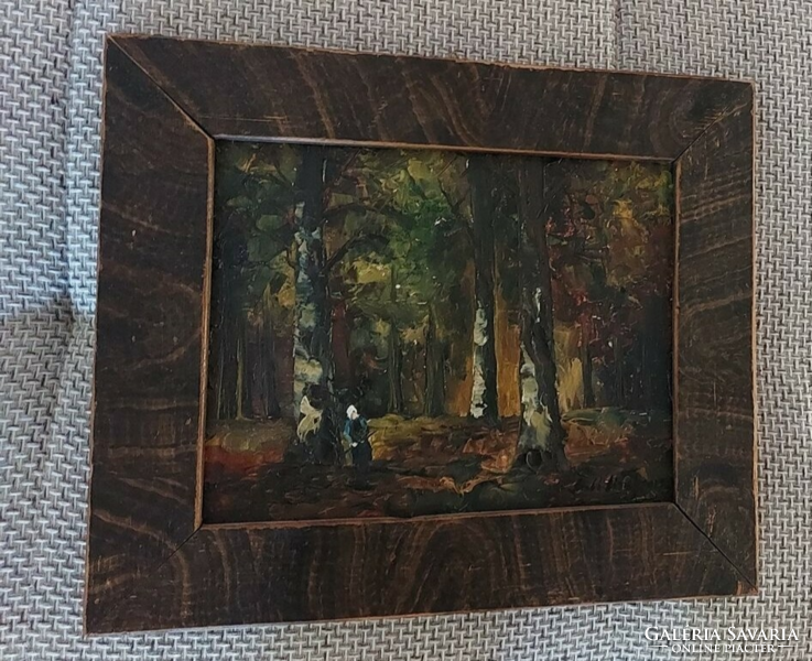 (k) Szép erdőbelső festmény, apró alakkal 34x30cm kerettel.