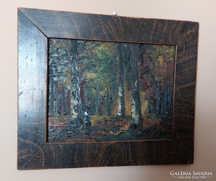 (K) beautiful painting of a forest interior, with a small figure in a 34x30cm frame.