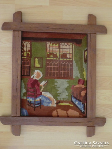 Tapestry of a woman reading in front of a window in an antique original frame 30x40 cm + frame
