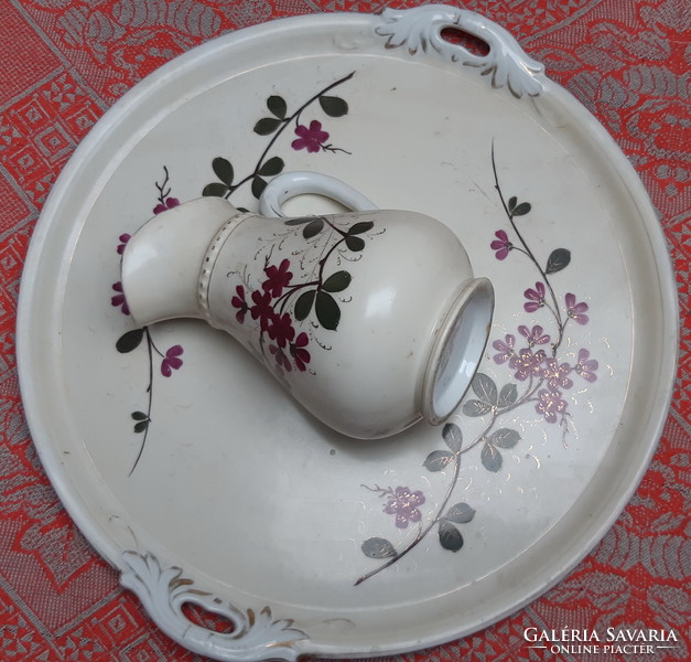 Old Art Nouveau painted porcelain jug with tray