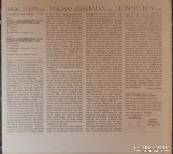 Stern - zukerman - rose 2 mozart divertimento lp vinyl record
