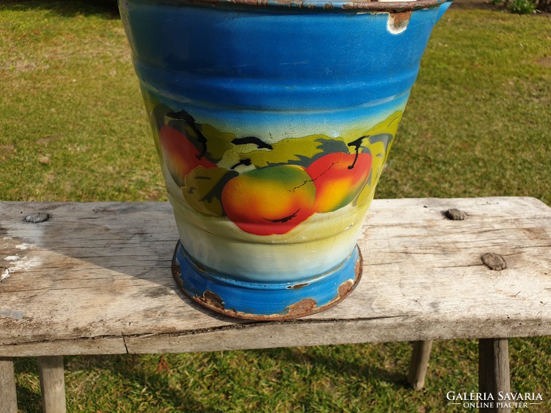Old vintage enameled fruit patterned enameled small cheese bucket decoration flower pot Budafok