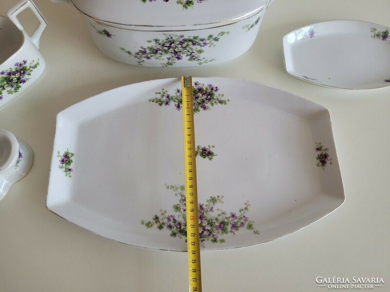 Régi Karlsbad porcelán étkészlet ibolya gyöngyvirág mintás leveses tál szószos fűszeres 5 db
