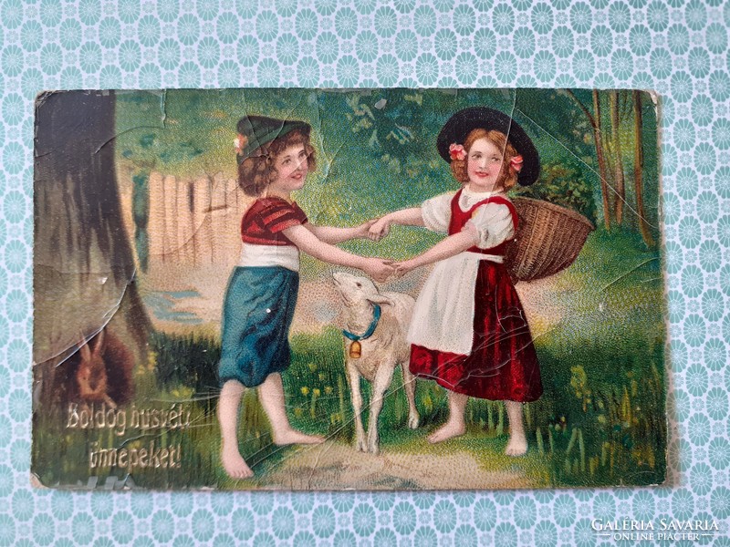 Régi húsvéti képeslap 1913 gyerekek levelezőlap