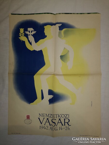 1942 Konecsni György (1908-1970): Budapesti Nemzetközi Vásár plakát, jelzett, bélyeggel, hajtott,