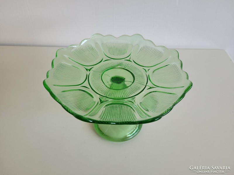 Régi talpas zöld üvegtál gyümölcs kínáló vintage tál