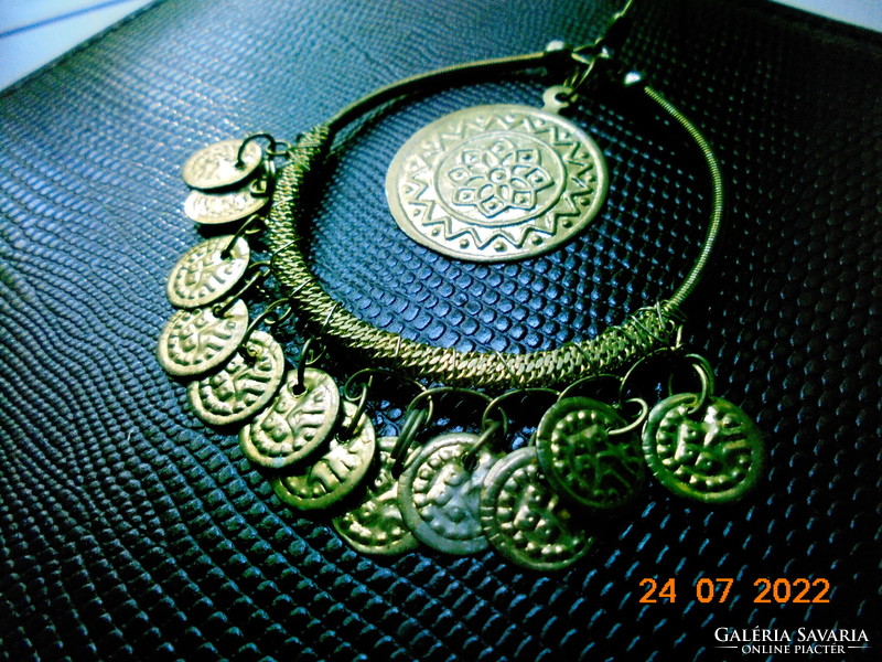 Spectacular earrings gold-plated with 1 larger and 12 smaller hanging coins
