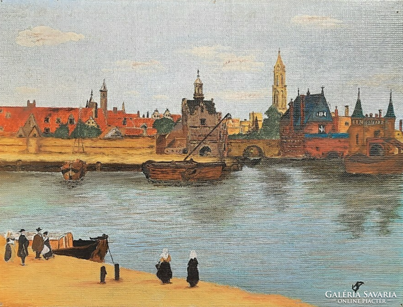 City on the banks of the river (oil, 30x40 cm) cityscape, street view - Holland?
