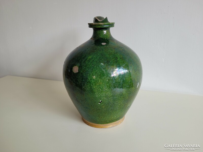 Old antique large size green glazed folk handle vintage earthenware pot jug