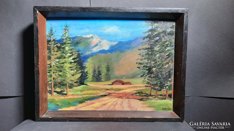 Országh: cottage in the mountains (oil, 29x37 cm) landscape with pine trees, idyllic nature