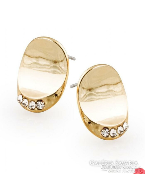 Concave oval-shaped earrings, golden, with white crystals in the lower part.