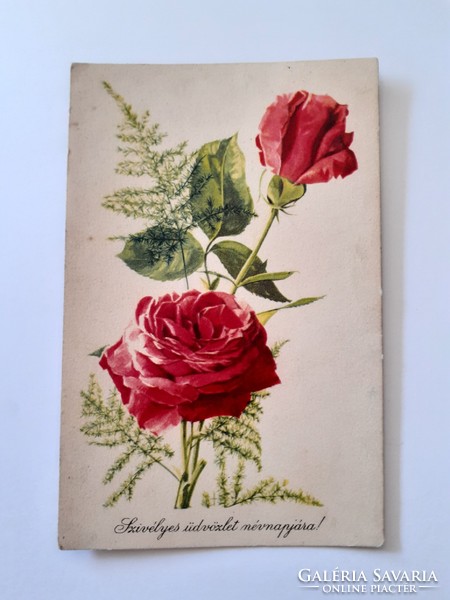 Régi virágos képeslap piros rózsás levelezőlap
