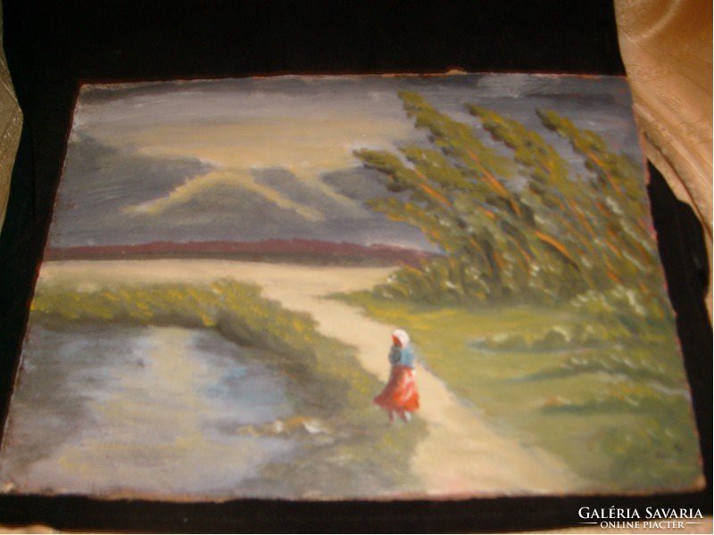 E 10  Jelzett Olaj festmény  élénk színű 40 x 30 cm  úton a fürdéshez leárazva