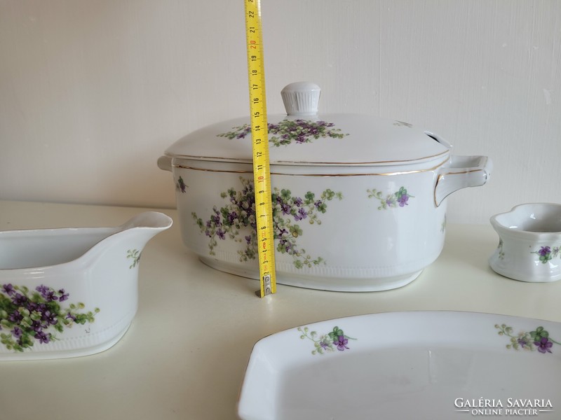 Régi Karlsbad porcelán étkészlet ibolya gyöngyvirág mintás leveses tál szószos fűszeres 5 db