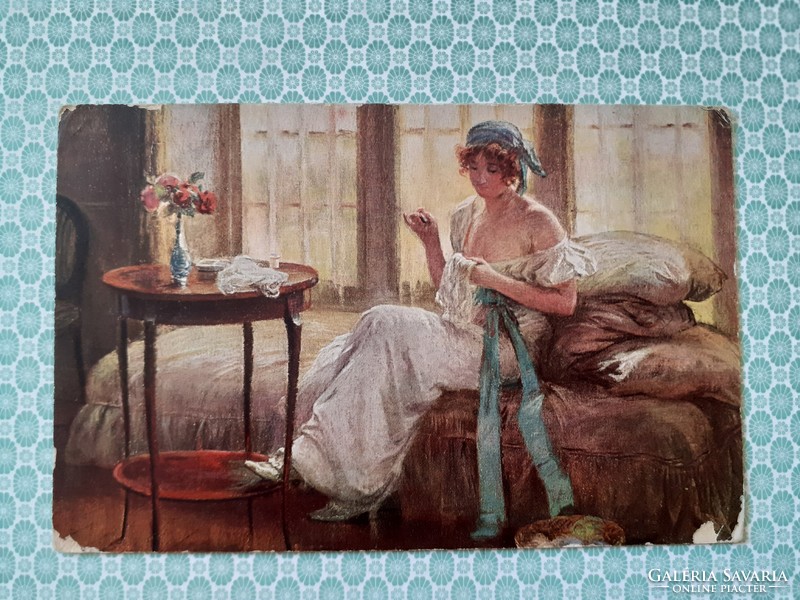 Régi képeslap 1918 Edouard Gelhay művészeti levelezőlap hímző hölgy