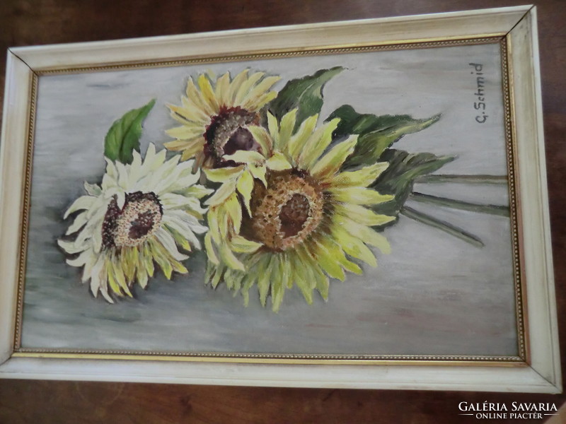 Sunflowers in a sophisticated white frame signed painting 34x54 cm g. Signed Schmid