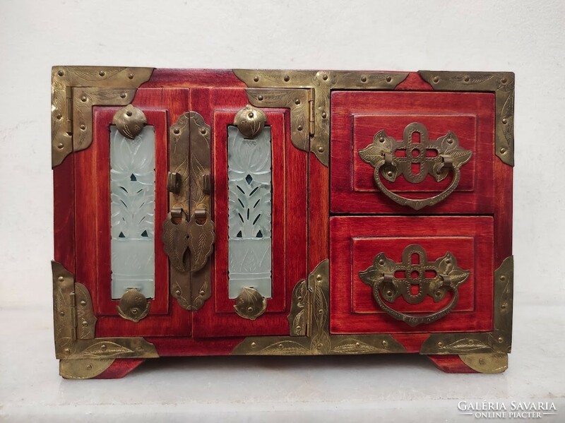 Antique soapstone inlaid Asian Chinese jewelry holder jewelry box small cabinet with drawers 202 5772