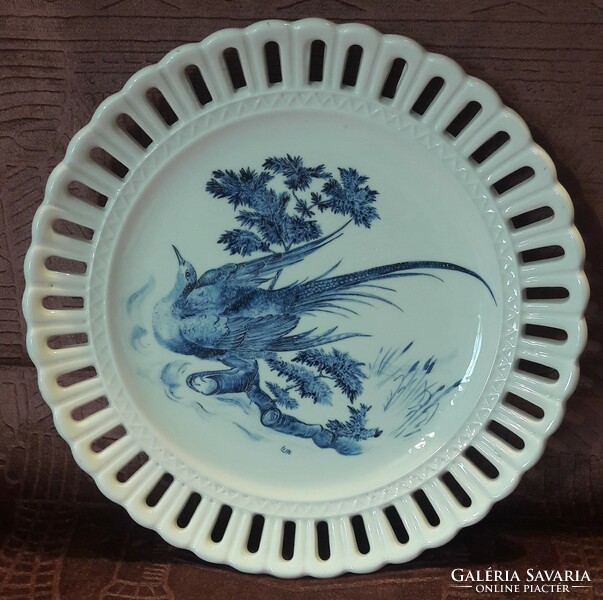 Blue bird-painted porcelain plate, faience wall plate (m2533)