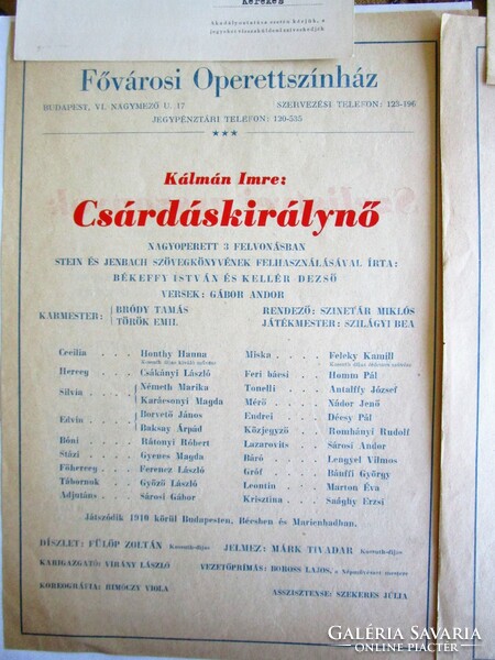 Cca 1954 LEGENDÁS CSÁRDÁS KIRÁLYNŐ HONTHY - SZINETÁR KOABELI PALKÁT + NYOMTATVÁNYOK ÖSSZESEN 6 DB