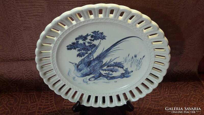 Blue bird-painted porcelain plate, faience wall plate (m2533)