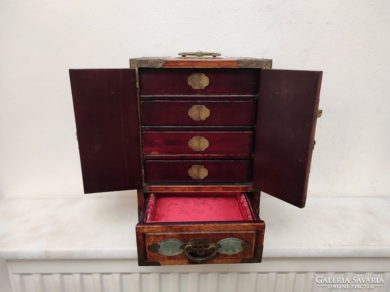 Antique soapstone inlaid Asian Chinese jewelry holder jewelry box small cabinet with drawers 203 5773