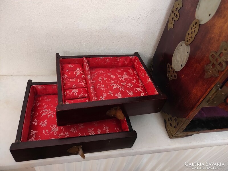 Antique soapstone inlaid Asian Chinese jewelry holder jewelry box small cabinet with drawers 203 5773