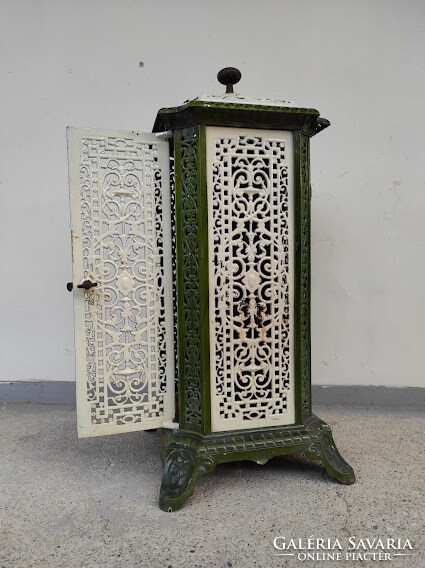 Antique stove, open enameled green white iron stove with original insert 375 5730
